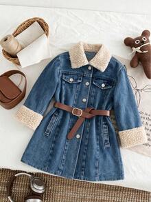 Girls' Mid-Length Thermal-Lined Denim Jacket With Lambswool Collar And Cuffs, Thickened Autumn/Winter Coat - Blue - View 3