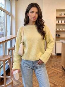 Women's Autumn Pale Yellow Crew Neck Knit Sweater, Dropped Shoulder, Folded Cuffs, Long Sleeve, Ribbed Hem, Oversized, Casual, Outdoor, Daily Top - Yellow - View 3