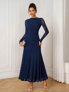 PARTHEA Women's Elegant Deep Blue Mesh Stand Collar Long Sleeve Mermaid Evening Gown, Suitable For Wedding Guests - Navy Blue - View 1