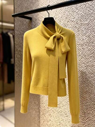 Women's Autumn/Winter Knitted Pullover Sweater With Bowknot Long Tie Semi-High Neck, Soft Elegant Delicate Fabric Comfortable, Large Bowknot Ribbon Decoration At Neckline Exquisite Gentle Atmosphere, Ribbon Can Be Tied Freely For Versatile Styling, Suitable For All Skin Tones Elegant Commute, Date, Party Multiple Occasions Autumn/Winter Wardrobe Essential Gentle Elegant