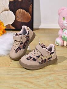 Girls' Vintage Training Casual Shoes, Leopard Print Color Block Design, Hook And Loop Closure For Easy On And Off, Soft Round Toe Shape, Side Stripe Accent - Camel - View 5