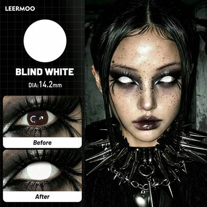 LEERMOO Blind White Full Coverage Colored Contact Lenses - 1 Pair Soft Colored Contacts (14.20mm Diameter, 6-Month Wear). Blurs Vision After Wearing, Suitable For Halloween Parties And Dark Gothic Makeup.