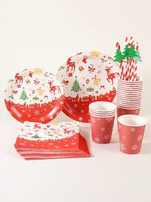 10/20pcs Christmas Disposable Paper Tableware Set (Includes 7-Inch And 9-Inch Plates, Cups, Napkins, Straws), Printed With Reindeer, Christmas Tree, Bell, Gift, Sleigh And Red Border Patterns, Suitable For Christmas Party, Holiday Dinner, Winter Celebration And Holiday Table Setting. - Multi-color 11 - View 4