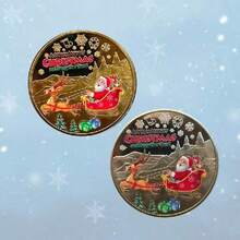 1pc-Santa Claus Commemorative Coin With Reindeer Sleigh Design, Christmas Collectible, Festive Display, Christmas Gifts, Stocking Stuffers - Multicolor - View 3