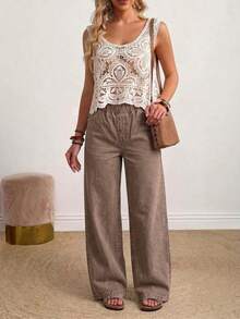 Women's Plus Size Washed Denim Loose Long Jeans, Elastic Waist Design, Non-Stretch Vintage Casual Pants - Brown - View 8