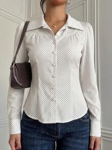 SCARLUX Women's Y2K Polka Dot Lapel Long Sleeve Shirt, Slim Fit Button-Up Top, Suitable For Back To School And Daily Commute - White Background With Black Waves - View 6