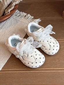 Sepatu Olahraga Anak Perempuan Bergaya Manis, Sepatu Olahraga Anak Perempuan Motif Polkadot Kecil, Jala, Pita, dan Perekat Velcro. - Krem - View 4