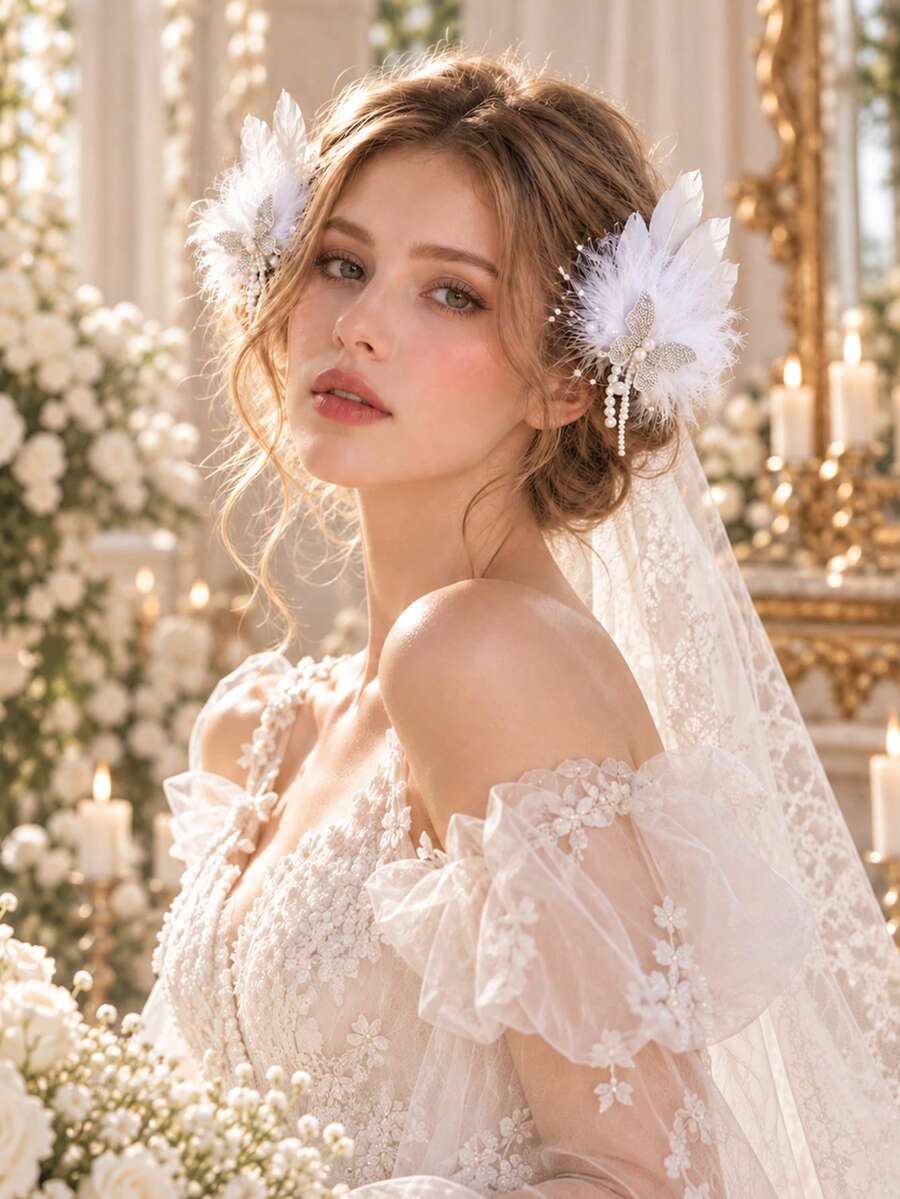 KOVLYNE 2pcs White Feather Princess Hair Clips With Rhinestone Butterfly And Pearl Tassel, Elegant Bridal Hair Accessories For Wedding, Party, Photography And Special Occasions - White - View 1
