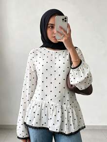 Women's Standard Size Polka Dot Print Ruffle Hem Lace Trim Patchwork Casual Commute Blouse, Vintage Fall Fashion - Multicolor - View 4