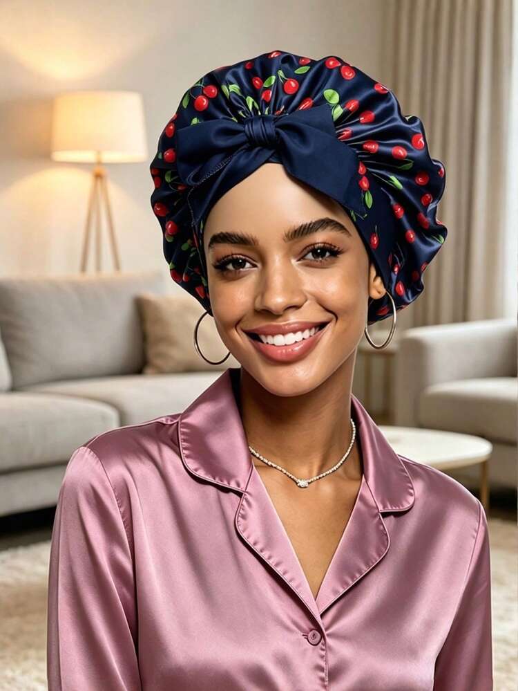 1Pc Cherry Print Satin Bonnet With Bow, Wide Elastic Band Hair Care Sleep Cap For Curly Hair, Women Soft Night Hair Wrap - Multi-color Cherry Red - View 20