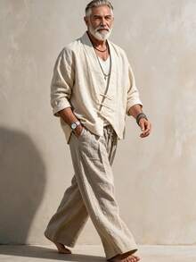 GOLDREDY New Chinese Style Men's Pure Cotton Diagonal Collar Cardigan With Frog Buttons, V-Neck Long Sleeve Top And Loose Wide Leg Pants, Zen Inspired 2 Pieces Set - Apricot - View 4