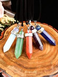 Natural Crystal Hexagonal Pillar Pendant Necklace, Rotating Round Bead Crystal Pillar Charm, Vintage Silver-Tone Leather Cord Necklace, Healing Energy Stone Accessory - Round Bead Single Point Pendant - View 10