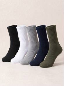 1/5 Pairs Men's & Women's Solid Color Casual Sports Mid-Calf Socks, Personalized & Fashionable, Suitable For Home, Commute, Holiday Gifts - Multicolor - View 3