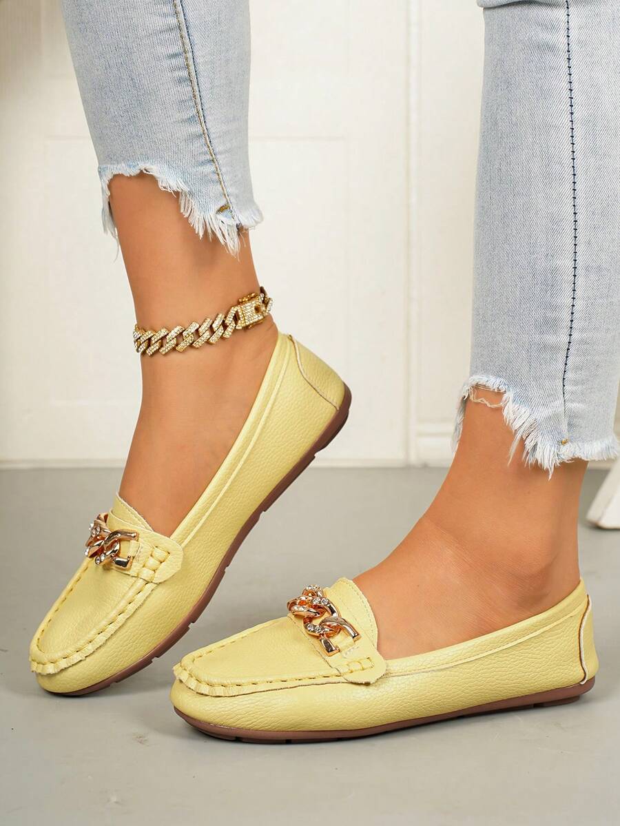 Women's Spring New Gold Chain Elegant Slip-On Loafers, Lightweight Comfortable Versatile Rubber Flat Shoes - Yellow - View 1