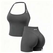 DFYNE Conjunto Deportivo Tirantes top + Shorts, Ideal para Yoga, Gimnasio y Entrenamiento - Azul tinta (chaleco + pantalones cortos) - Ver 8