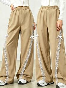 Lurzo Fashionable Sweet Tween Girl Casual Lace Trim Bow Grey Wide Leg Pants, Suitable For Spring And Autumn Daily Outdoor Wear - Khaki - View 3