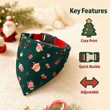 1pc Christmas Pet Collar , Bandana, Santa Print Adjustable Dog Collar With Bow Lace, Xmas Triangle Bib Kerchief For Small Medium Large Dogs Holiday Party Costume - Green - View 6