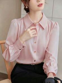 Blus Wanita Elegan Warna Pink, Gaya Komuter Mewah Kelas Atas, Cocok untuk Semua Musim, Atasan Luaran Profesional, Warna Polos dengan Kancing Depan - Berwarna merah muda - View 1