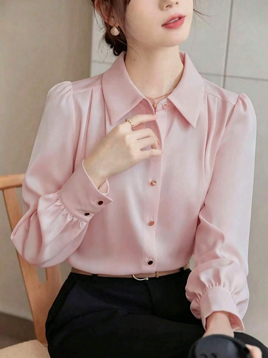 Blus Wanita Elegan Warna Pink, Gaya Komuter Mewah Kelas Atas, Cocok untuk Semua Musim, Atasan Luaran Profesional, Warna Polos dengan Kancing Depan - Berwarna merah muda - View 1