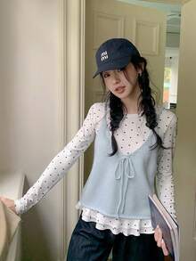 Polka Dot Lace Patchwork Long Sleeve T-Shirt Women Slim Fit Flattering Top Knit Camisole 2 Pieces Set - Blue - View 2