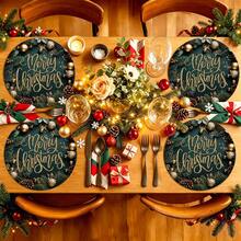2pcs/4pcs/6pcs/8pcs Merry Christmas Pattern Happy Holiday Kitchen Dining Table Placemats Round Table Mats Round Tablecloth Holiday Tabletop Decor 13.7in X 13.7in Seasonal Home Decor Round Design Holiday Decoration Thickened Linen Material - Multicolor - View 5