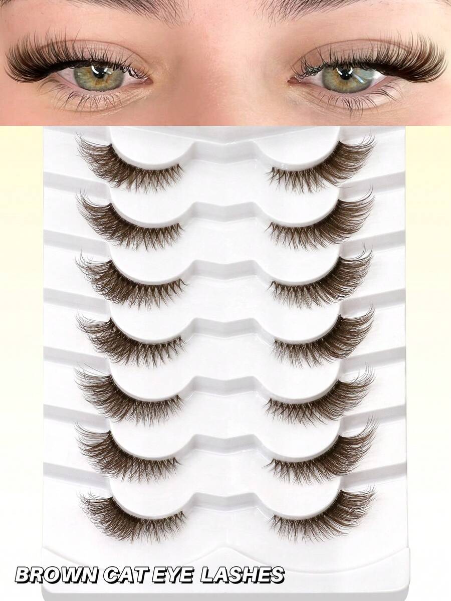 GROINNEYA 7 Pairs Brown Half-Length False Eyelashes, Cat Eye Style, Extended Tail, Fluffy And Voluminous, 3D Layered Natural Thin Style, Transparent Thin Stem, Suitable For Party And Halloween Makeup, Eyelash Enhancement (RK06)