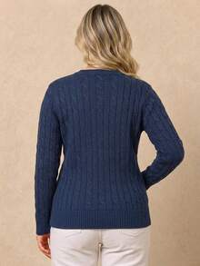 Women's Plus Size Cable Knit Sweater, Long Sleeve V-Neck Pullover, Classic Autumn/Winter Knit Top, Preppy Style - Blue - View 2