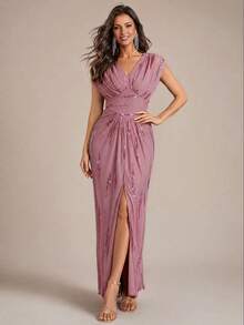 EVERPRETTY Autumn Elegant Charming Pink Sequin Embroidered V-Neck Batwing Sleeve Slit Evening Gown Formal Dress Suitable For Party, Dinner, Semi-Formal Occasions - Dusty Pink - View 4
