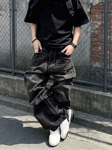Men's High Street American Fashion Edgy Wide Leg Jeans - Dark Grey - View 4
