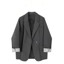 Elegant Casual & Formal Oversized Double-Breasted Blazer With Lace Cuffs, Deep Gray Color, Versatile Vacation For Women Spring Fall - Grey - View 10