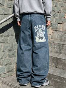 Men's Vintage Light Wash Big Pocket Wide Leg Jeans, Street Style Printed Loose Silhouette Denim Pants - Blue - View 3