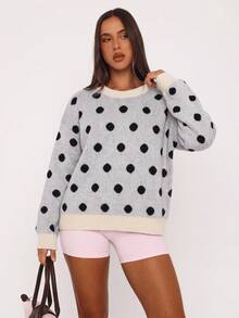 Sweater Rajut Lengan Panjang Motif Jacquard Bergelombang Hitam Putih untuk Wanita, Gaya Musim Gugur/Dingin - Hitam dan Putih - View 7