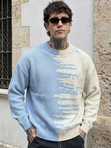 Men's Fashion Casual Versatile Colorblock Crew Neck Long Sleeve Loose Ribbed Knit Sweater, Daily Home Commute Outerwear Top, Autumn/Winter - Blue - View 2