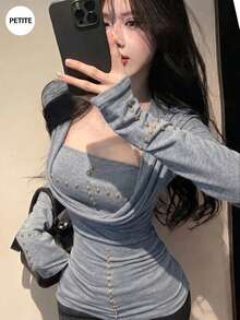 Bộ 2 món áo ống ôm sát tay dài cổ thấp đính đinh phong cách hot girl Mỹ - Xám - Xem 3