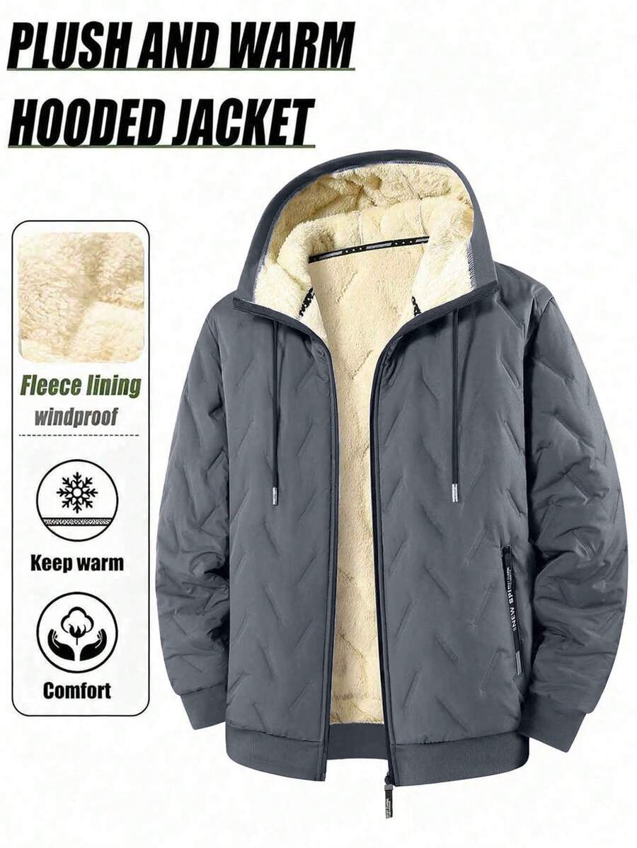 Men's Winter Comfortable Casual Fleece Hooded Zip-Up Jacket, Suitable For Commuting, Outdoor, Streetwear And Other Occasions - Grey - View 1