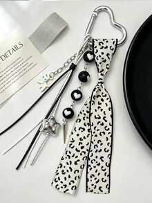 Korean Cool Style Black White Leopard Print Keychain, White Cat Tassel Beaded Bag Charm - Multicolor - View 8