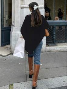 Fashionable Solid Color Ribbed Shawl, Everyday Wear, Autumn/Winter Black Spring - Black - View 2