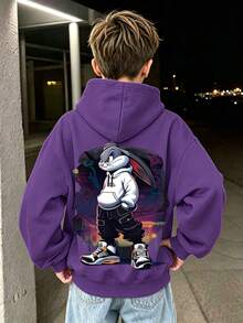 1pc Teen Boy Cartoon Rabbit Print Sweatshirt, Soft And Comfortable, Perfect For Daily Outings In Spring And Autumn - Purple - View 1