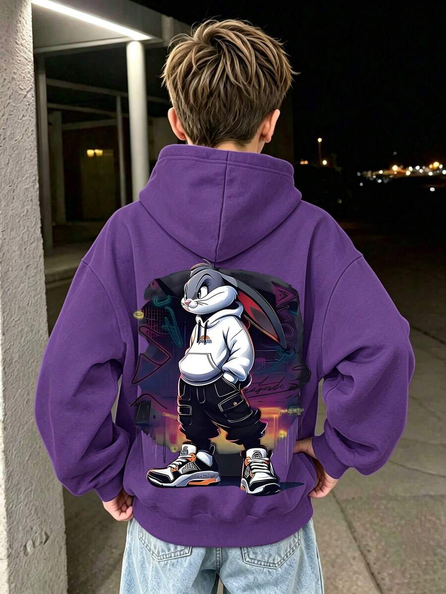 1pc Teen Boy Cartoon Rabbit Print Sweatshirt, Soft And Comfortable, Perfect For Daily Outings In Spring And Autumn - Purple - View 1