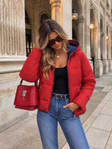 Women's Reversible Hooded Puffer Jacket, Casual Quilted Zip-Up Outerwear With Drawstring Hood And Zip Pockets - Navy Blue - View 3
