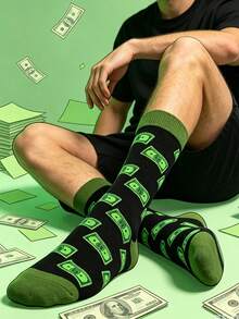 1/3/5 Pairs Men's Dollar Pattern Mid-Calf Socks, Black Base With Green Coin Design, Elastic And Comfortable. Unisex Style Suitable For All Seasons, Perfect For Daily Wear And Gifting. - Multicolor - View 5