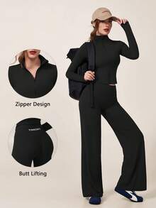 TimeOff Women's One Set Autumn/Winter Solid Color Stand Collar Jacket And High Waist Straight Leg Wide Leg Pants - Black - View 10