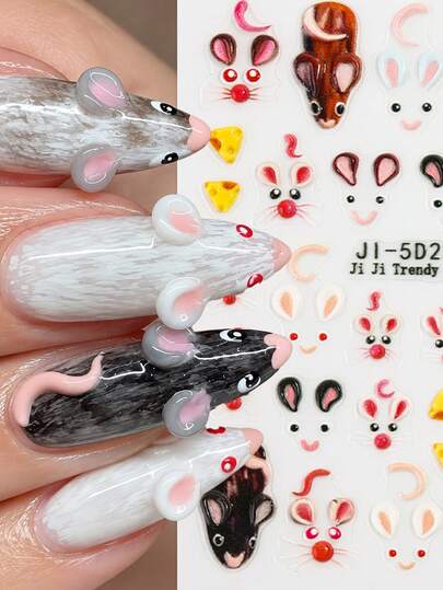 สติกเกอร์เล็บ 5D นูนลายหนูน่ารักและชีส, สติกเกอร์เล็บการ์ตูนสัตว์แบบติดเอง, ตกแต่งเล็บ DIY สไตล์คาวาอิ