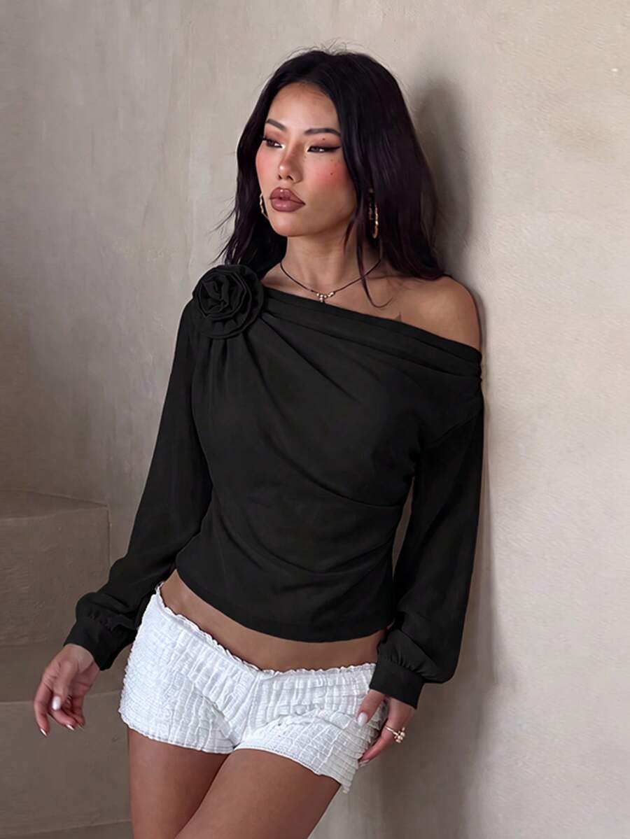 Atasan Wanita Musim Gugur Lengan Panjang Longgar Bahu Asimetris Motif Bunga 3D, Blus Lengan Panjang Kasual Warna Polos dengan Desain Simpul Mawar, Cocok untuk Dipadukan dengan Pakaian Lain di Musim Gugur/Musim Dingin
