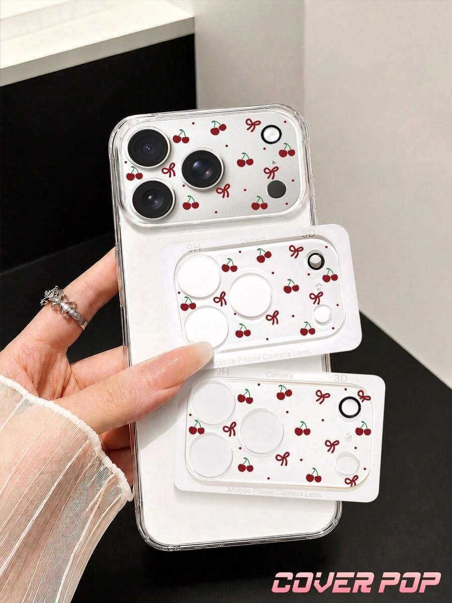 1 st röd körsbärsmönstrad kameralinsskyddare, kompatibel med iPhone 17 Pro/17 Pro Max/18 Pro/18 Pro Max, HD klar, reptålig, fingeravtrycksavvisande, skalvänlig, perfekt liten present för flickor