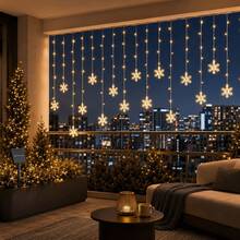Christmas & Halloween Party Decoration Solar Powered Icicle Snowflake String Lights, Warm/Colorful/White 3 Color Modes, 4*0.6m Wave Style Hanging 16 Strands 96LEDs, 3D Hollow Snowflake Pendants, Transparent And Lightweight, Natural Snowfall Pattern, Clear Petal Outline, Soft Diffused Light, Hanging Ice & Snow Curtain Effect, Dreamy Night View - Solar Powered Snowflake Ice Bar Lights - View 9