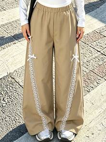 Lurzo Fashionable Sweet Tween Girl Casual Lace Trim Bow Grey Wide Leg Pants, Suitable For Spring And Autumn Daily Outdoor Wear - Khaki - View 2
