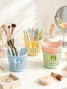 Cute Bow Storage Frame,Home Essentials Mini Desktop Storage Baskets ,Plastic Storage Basket Sundries Box Trash Can Organizer, Shelf Baskets,Small Tabletop Organizing Box With Ventilation Design, Suitable For Bathroom Dresser, Makeup Brush - Multicolor - View 1