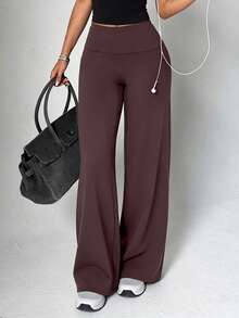 Aoqta Sports Women's Fall Casual Knitted Straight Leg Pants, Solid Color Folded Wide Waist Loose Sports Pants, For Yoga, Fitness And Daily Wear - Brown - View 11