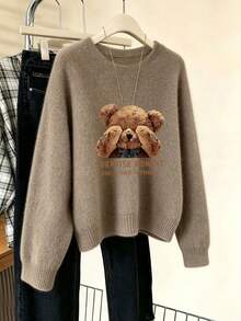 Plus Size Women Surprise Teddy Bear Pattern Casual Crew Neck Pullover Knit Sweater - Earth Gray - View 8